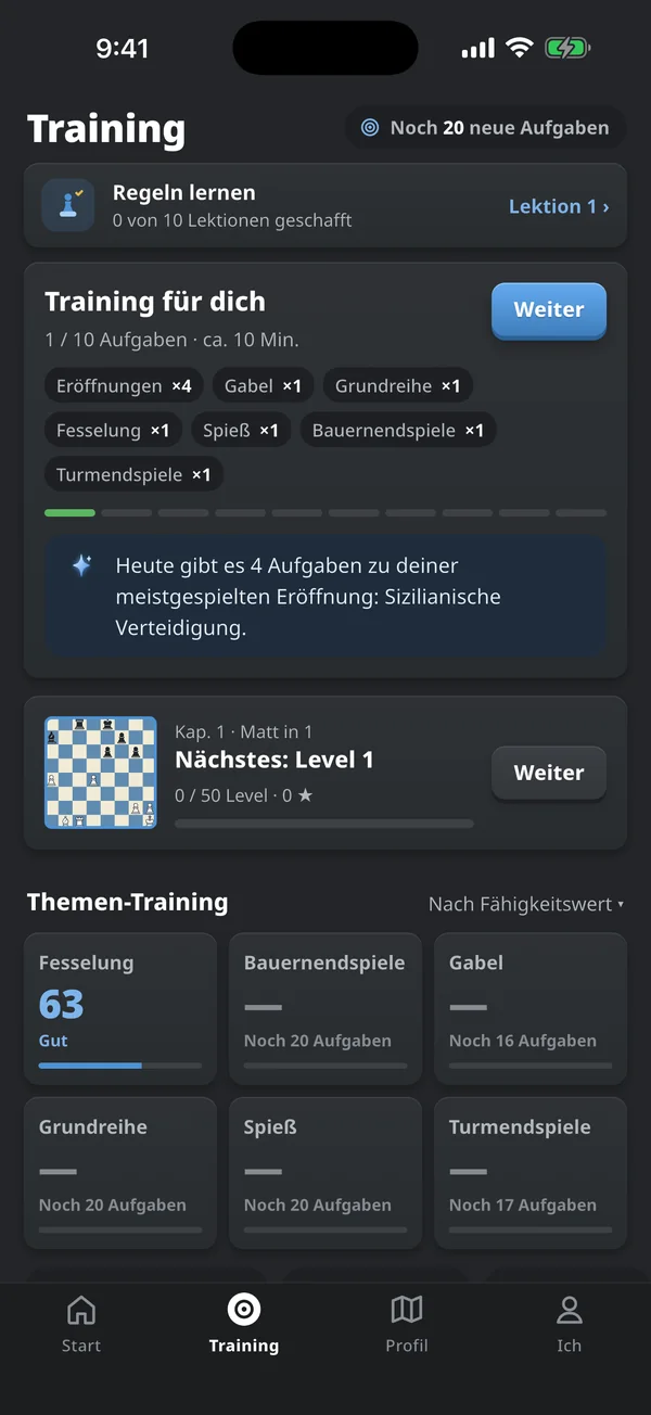 Training-Tab mit dem heutigen Training aus 10 Aufgaben, zusammengestellt aus den eigenen Schwächen und Themenübungen