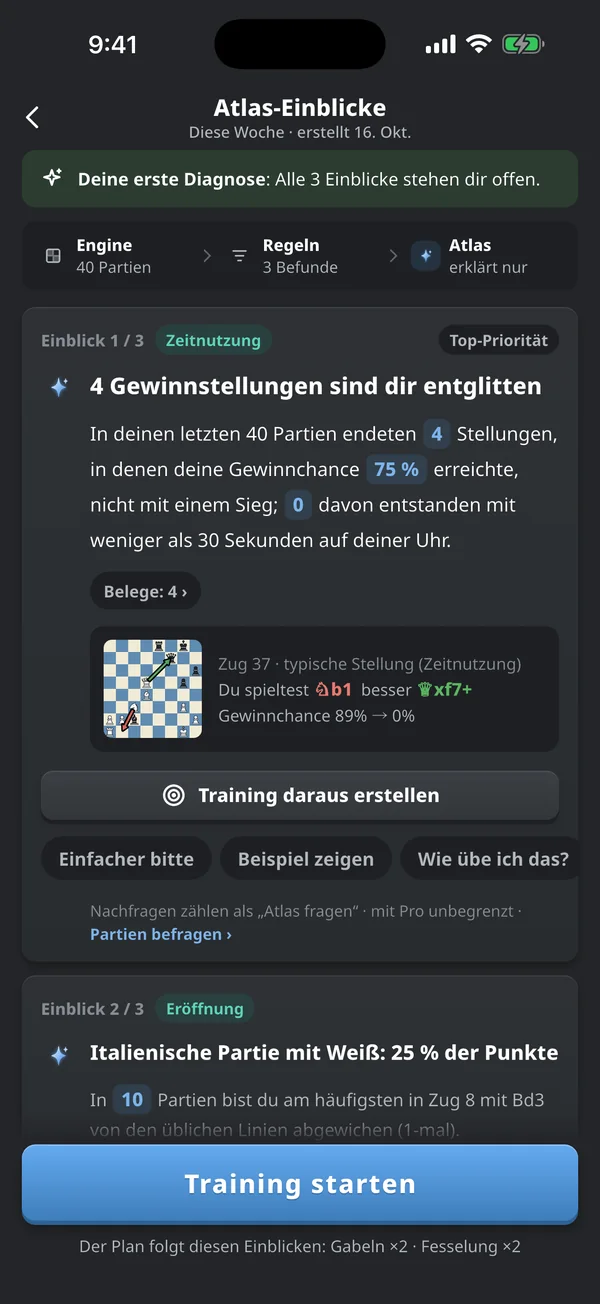 Atlas-Einblicke: 4 Gewinnstellungen sind dir entglitten, mit einem Button zum Trainieren