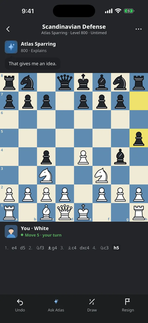 A chess game against the computer opponent Atlas Sparring, with Atlas commenting above the board