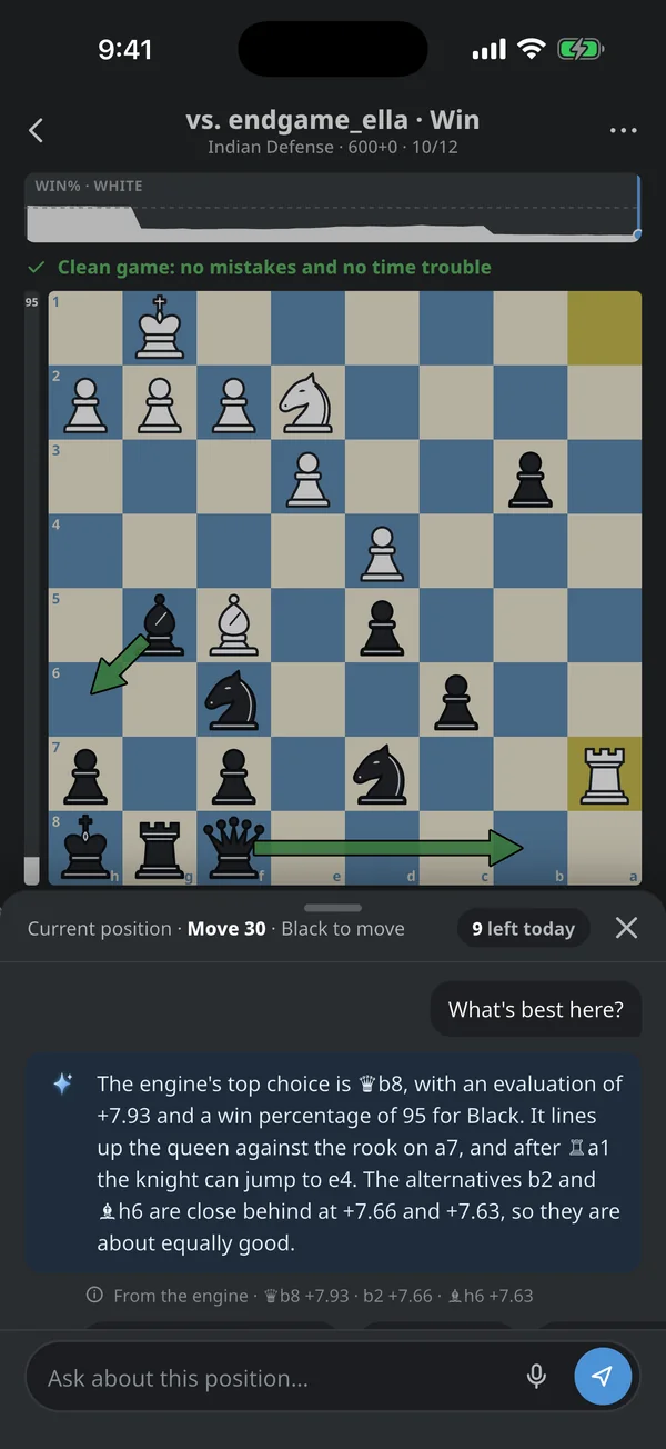 Game review: Atlas explains why a move was weak and what the engine recommends instead