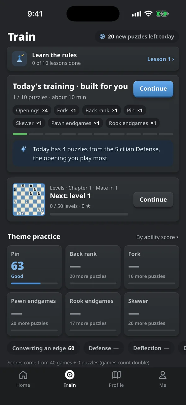 Train tab with today's 10-puzzle training built from the player's own weak spots and theme practice
