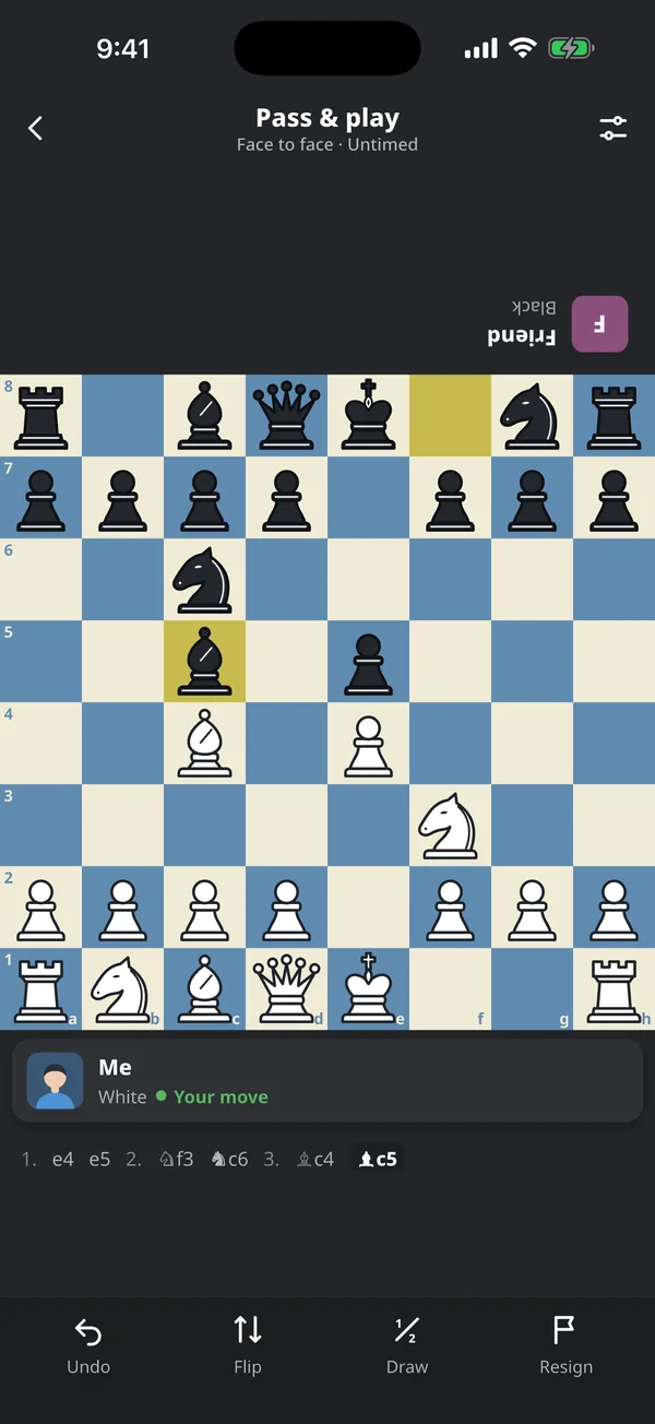Pass and play mode: two players sharing one phone, the board turned toward each player