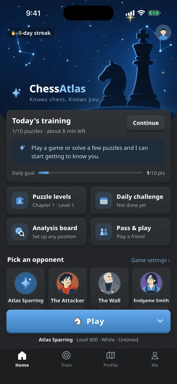 ChessAtlas home screen: today's training, puzzle levels, the daily challenge and the Start game button