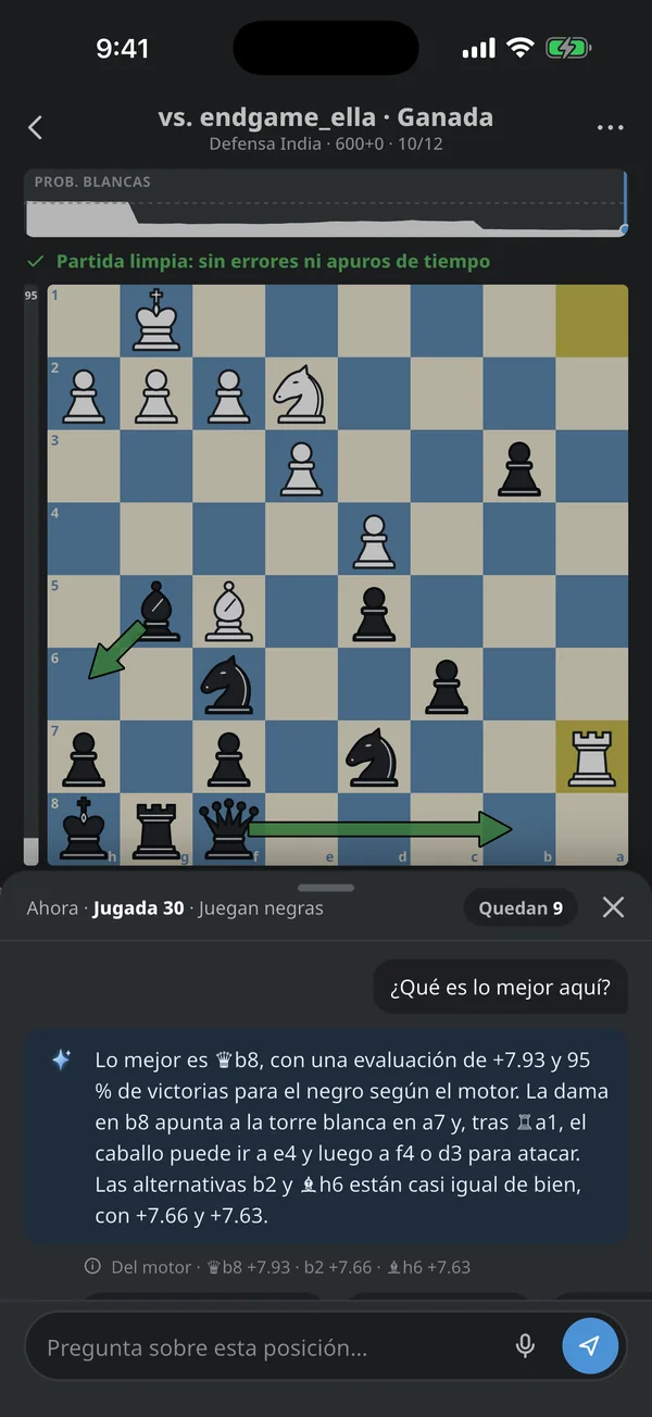 Revisión de partida: Atlas explica por qué una jugada fue débil y qué recomienda el motor en su lugar