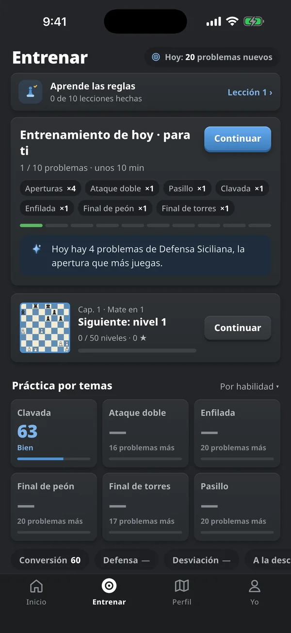 Pestaña Entrenar con el entrenamiento de hoy: 10 problemas creados con los puntos débiles del jugador y práctica por temas