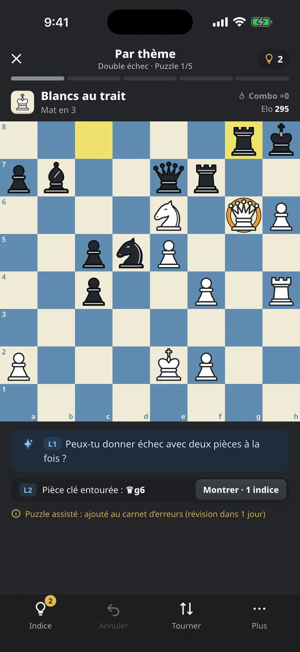 Un puzzle de l’entraînement par thème avec une piste d’Atlas et la pièce clé entourée sur l’échiquier