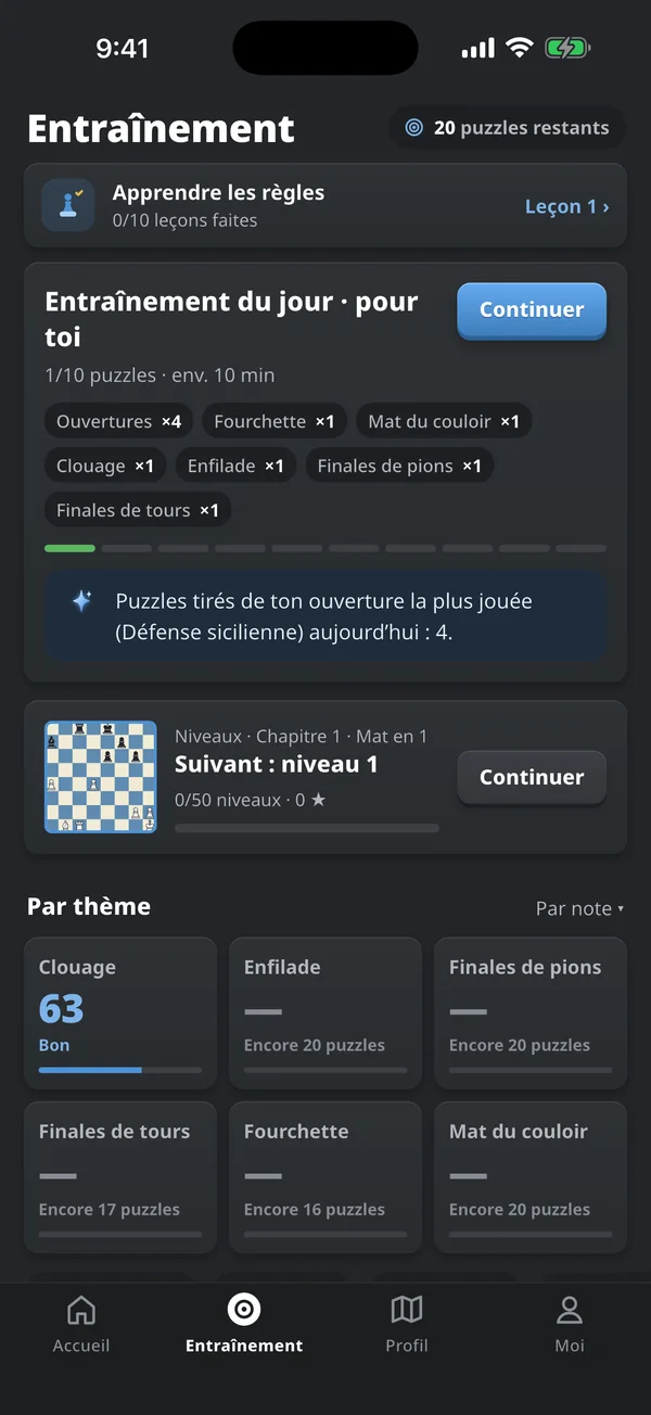 Onglet Entraînement avec l’entraînement du jour : 10 puzzles issus des points faibles du joueur et du travail par thème