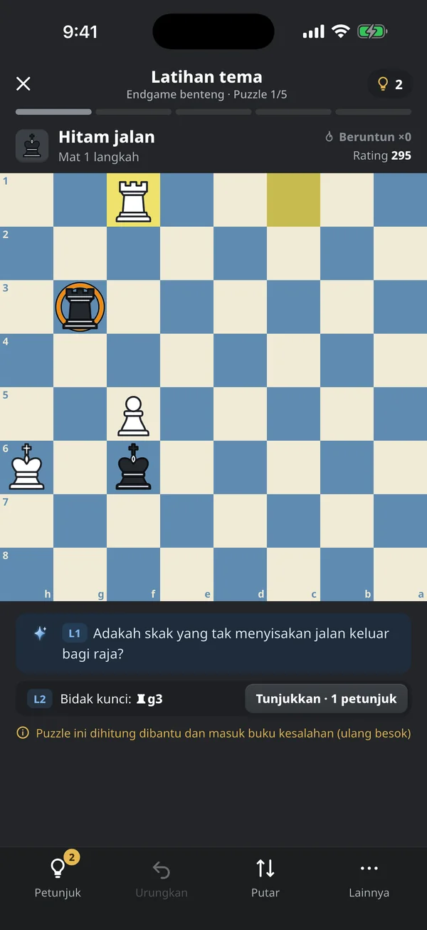 Puzzle dari latihan tema dengan arahan Atlas dan bidak kunci yang dilingkari di papan
