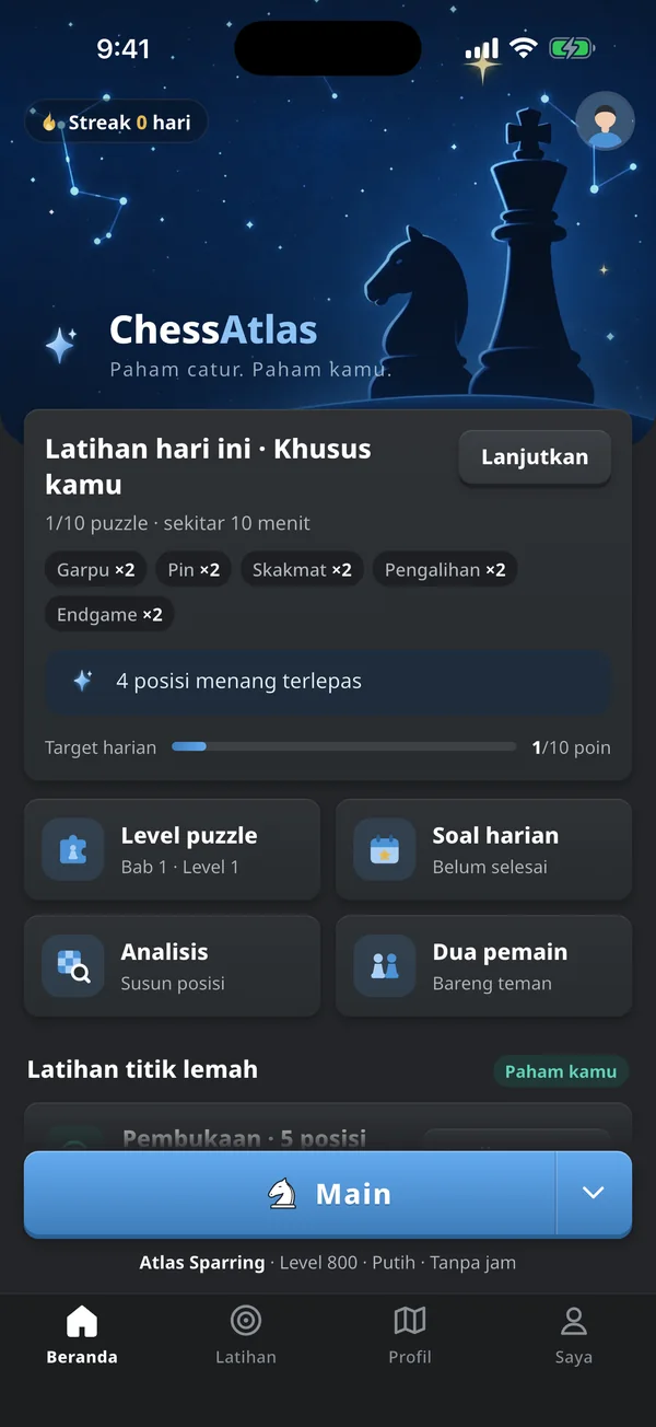 Layar utama ChessAtlas: latihan hari ini, level puzzle, tantangan harian, dan tombol Mulai partai