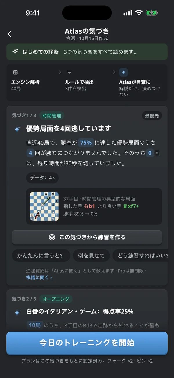 Atlasの気づき：優勢局面を4回逃しています。ここから練習を始めるボタン付き