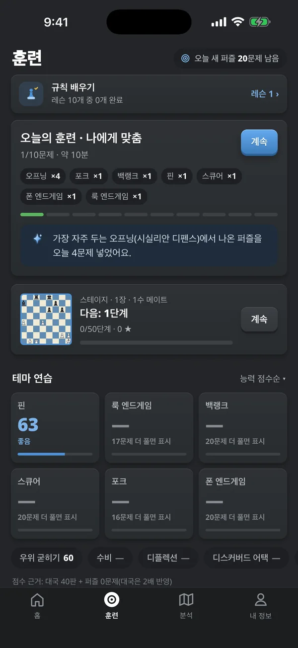 훈련 탭. 내 약점과 테마 연습으로 만든 오늘의 훈련 퍼즐 10문제