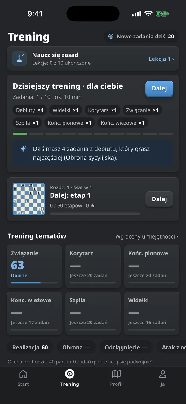 Zakładka Trening z dzisiejszym treningiem 10 zadań, ułożonym ze słabych punktów gracza i ćwiczeń tematycznych