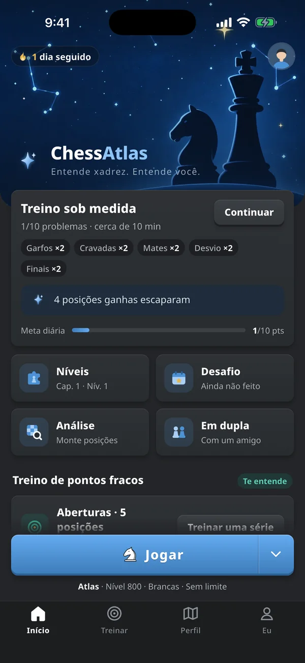 Tela inicial do ChessAtlas: treino de hoje, níveis de problemas, o desafio diário e o botão Iniciar partida