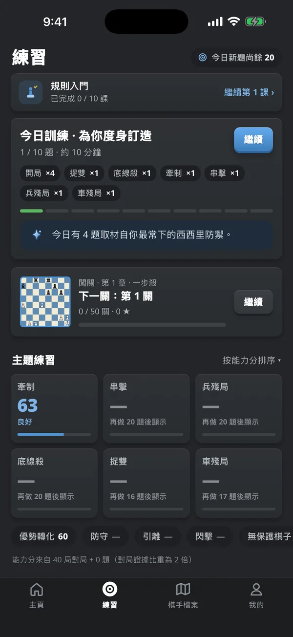 練習頁：度身訂造的今日訓練，10 道題來自你自己的弱點和主題練習